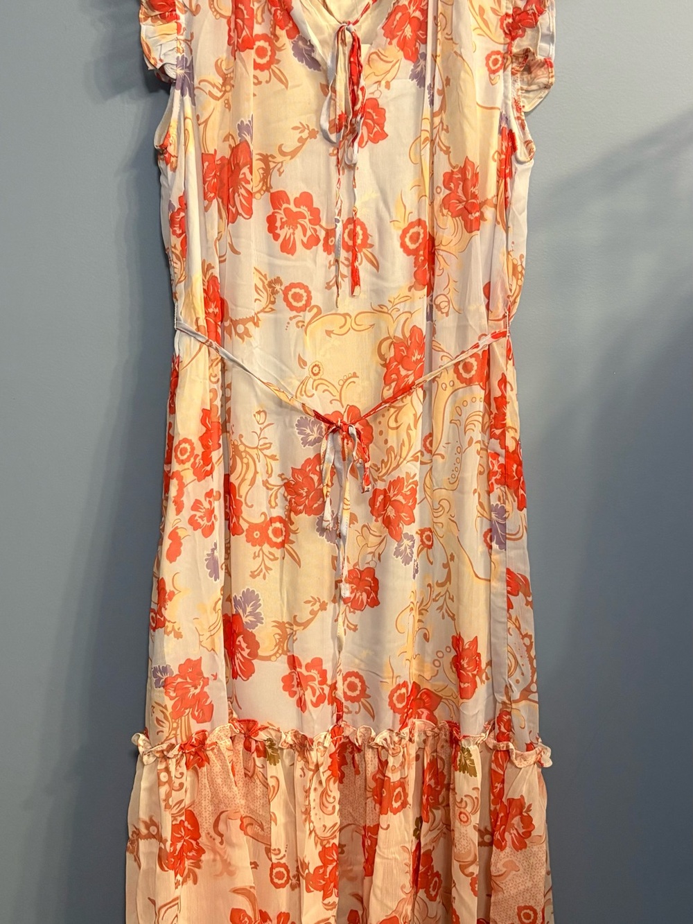 Women’s Floral Tie-Waist Baby Blue and Coral Midi Dress